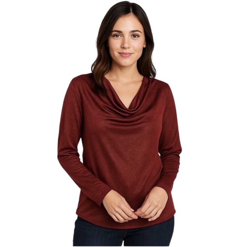 Chicos Knit Red Burgundy Shimmery Cowl Scoop Neck Blouse Size 4 (XXL)